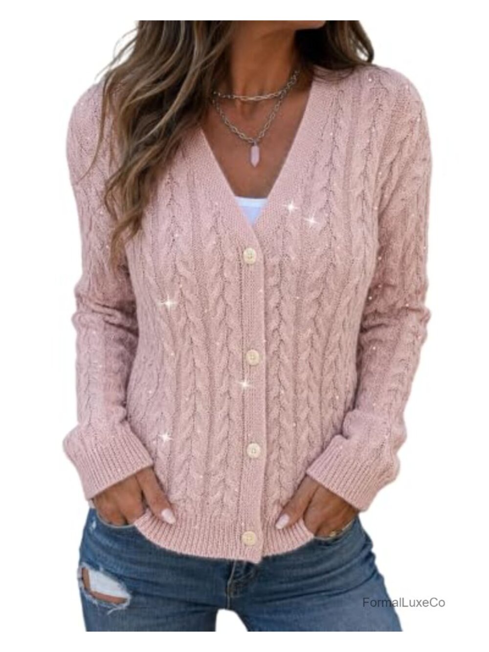Womens Sparkle Rhinestone Cable Knit V Neck Button Cardigan Sweater